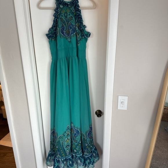 Boston Proper Green and Blue Multi Paisley Ruffle High Neck Maxi Dress - Picture 4 of 7